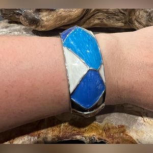 2️⃣✖️3️⃣0️⃣Y2K Black Blues White Enamel Hinged Cuff silver tone Punk